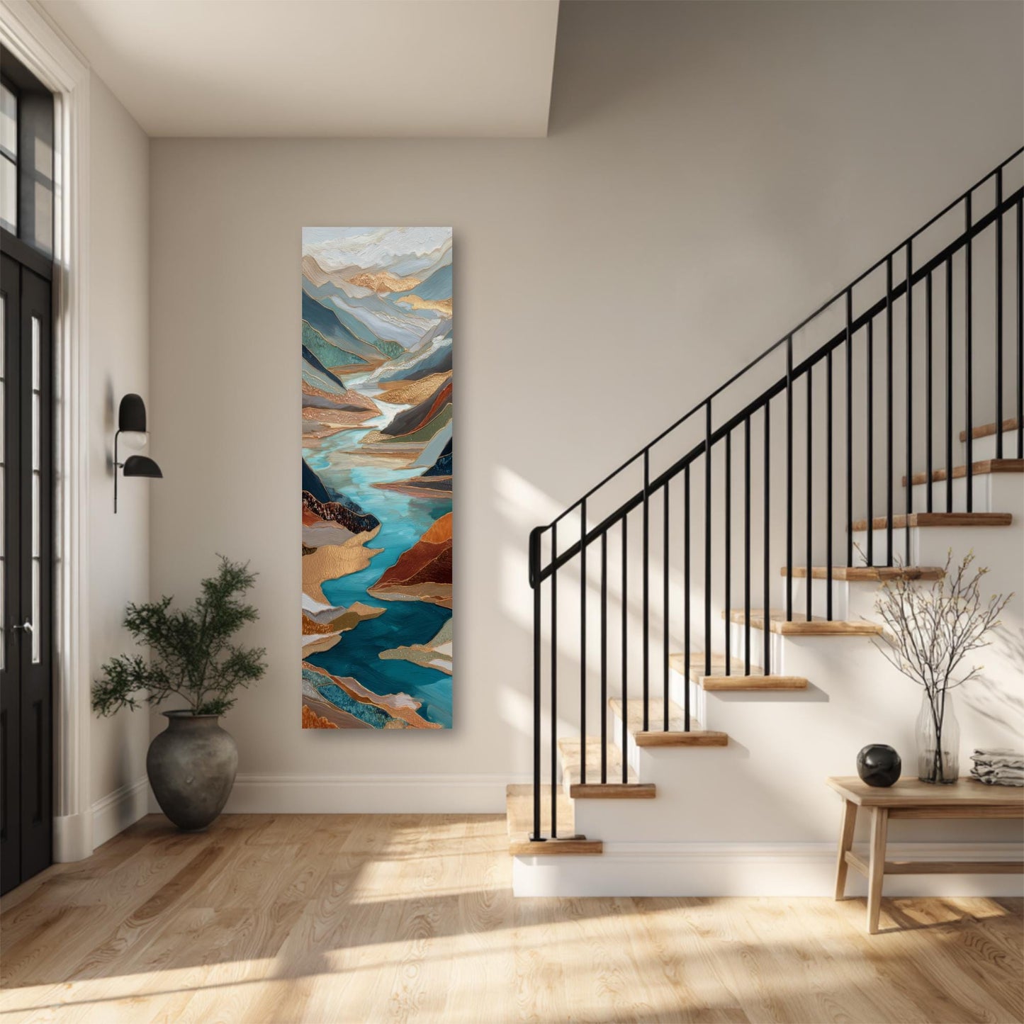 River Valley Abstract Framed Wall Art, Blue Gray Rust Copper, Oversized Large Nature Artwork Vertical Panoramic, Long Tall Mountains