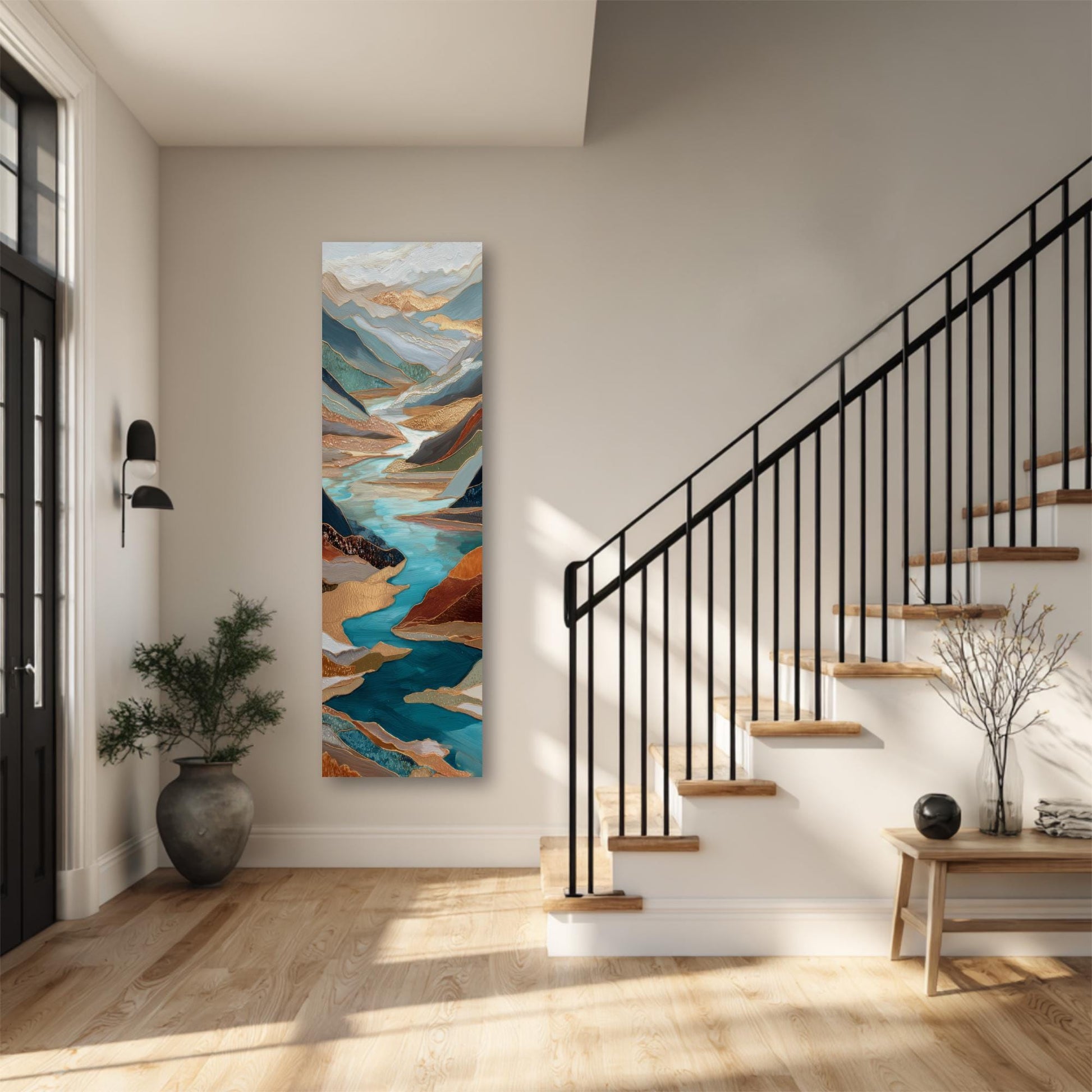 River Valley Abstract Framed Wall Art, Blue Gray Rust Copper, Oversized Large Nature Artwork Vertical Panoramic, Long Tall Mountains