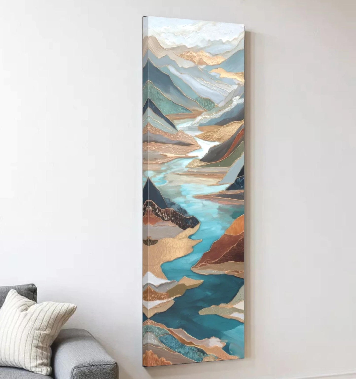 River Valley Abstract Framed Wall Art, Blue Gray Rust Copper, Oversized Large Nature Artwork Vertical Panoramic, Long Tall Mountains