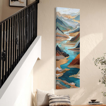 River Valley Abstract Framed Wall Art, Blue Gray Rust Copper, Oversized Large Nature Artwork Vertical Panoramic, Long Tall Mountains