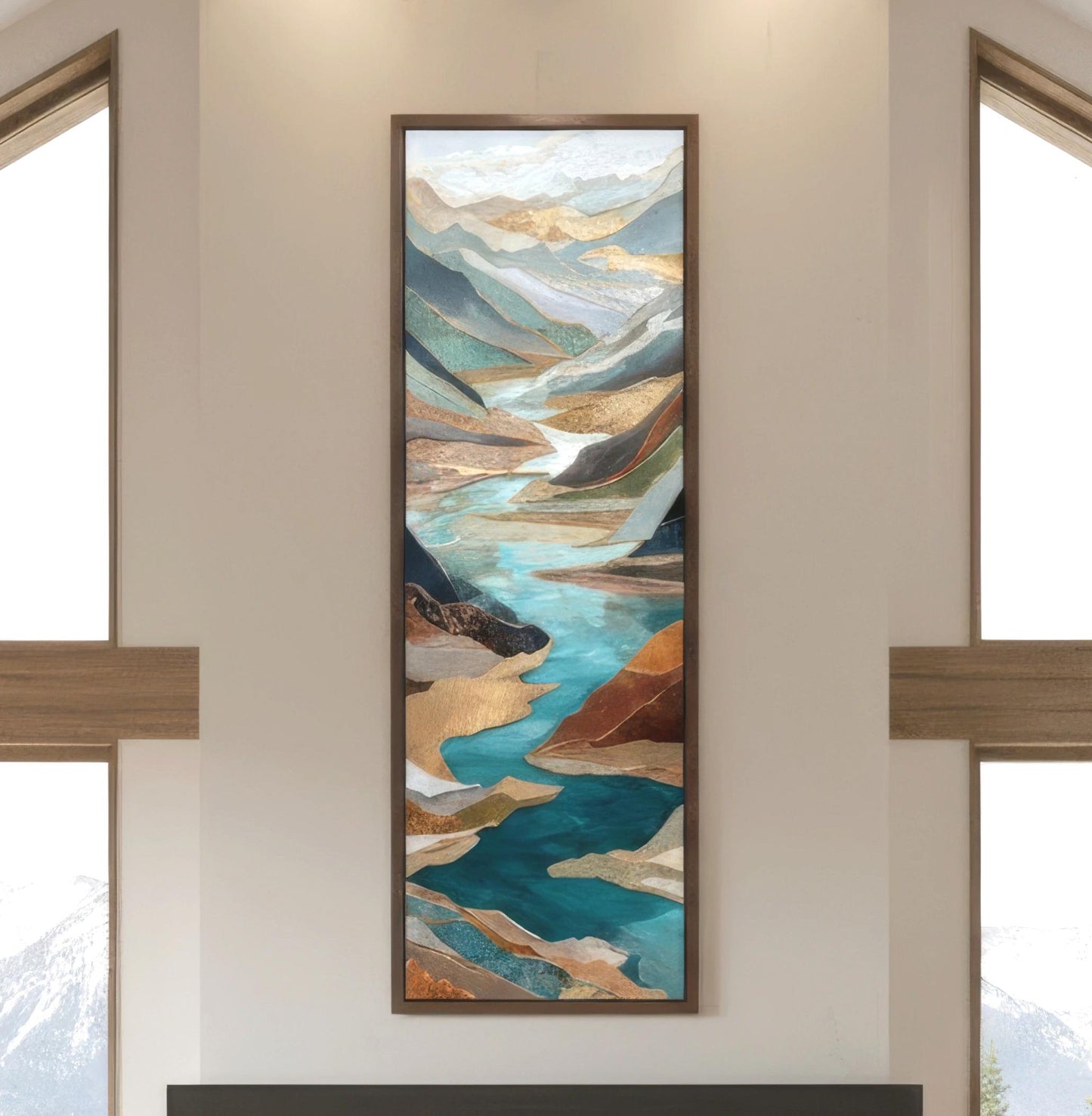 River Valley Abstract Framed Wall Art, Blue Gray Rust Copper, Oversized Large Nature Artwork Vertical Panoramic, Long Tall Mountains