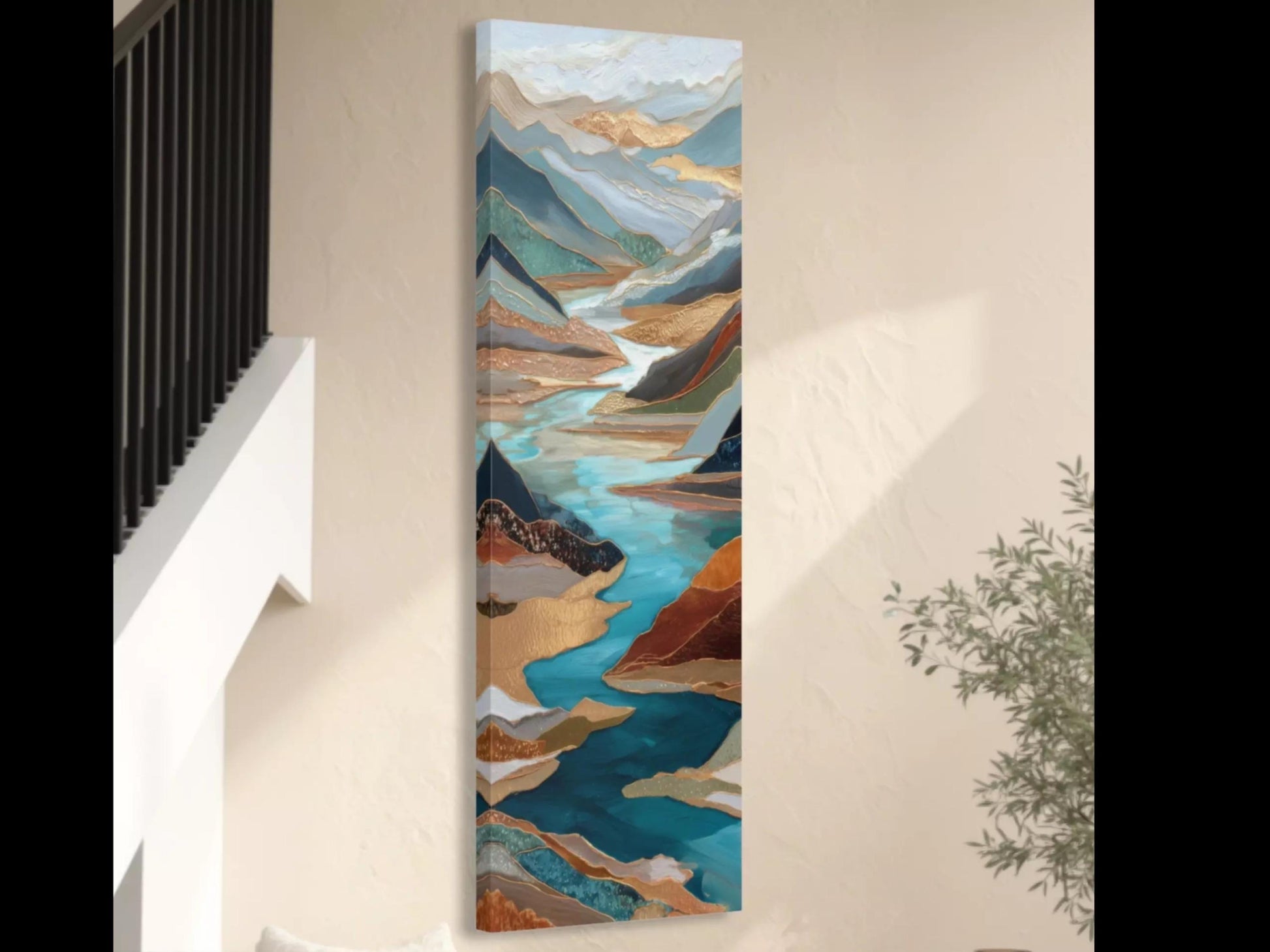 River Valley Abstract Framed Wall Art, Blue Gray Rust Copper, Oversized Large Nature Artwork Vertical Panoramic, Long Tall Mountains