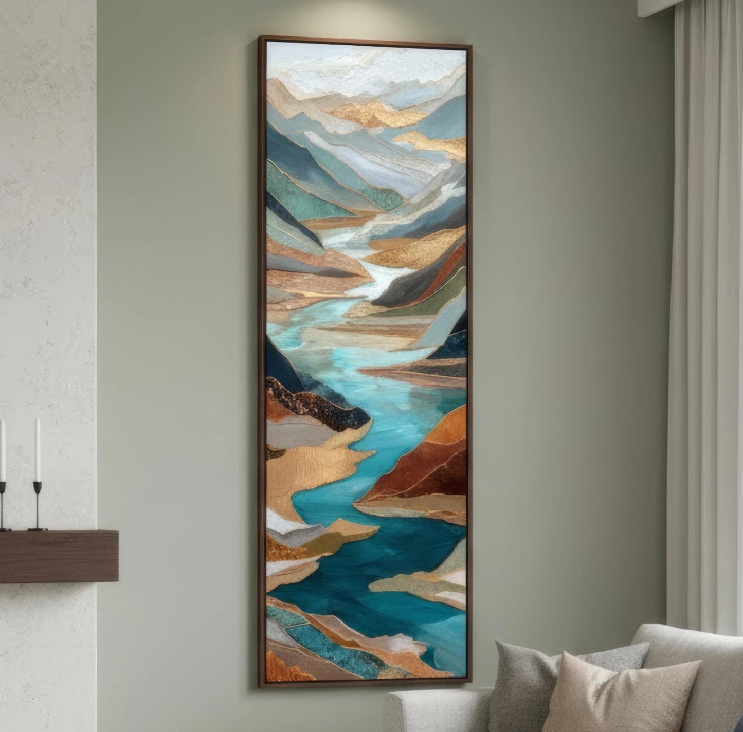 River Valley Abstract Framed Wall Art, Blue Gray Rust Copper, Oversized Large Nature Artwork Vertical Panoramic, Long Tall Mountains