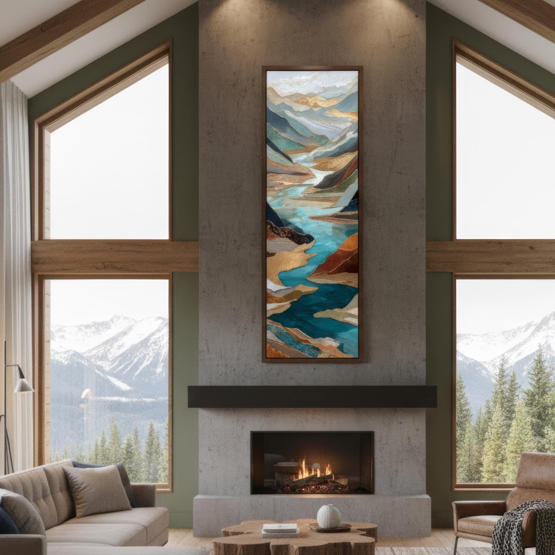 River Valley Abstract Framed Wall Art, Blue Gray Rust Copper, Oversized Large Nature Artwork Vertical Panoramic, Long Tall Mountains