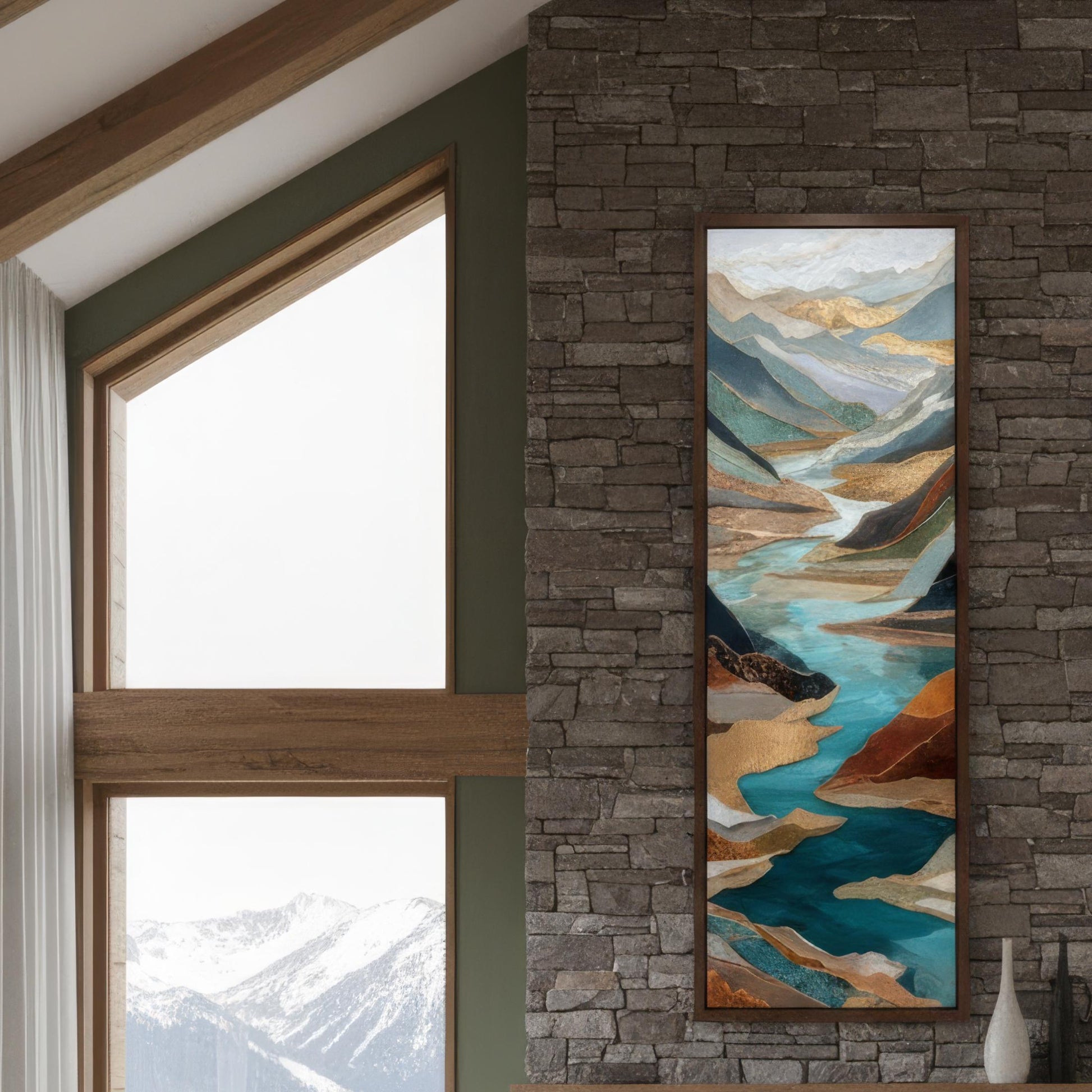 River Valley Abstract Framed Wall Art, Blue Gray Rust Copper, Oversized Large Nature Artwork Vertical Panoramic, Long Tall Mountains