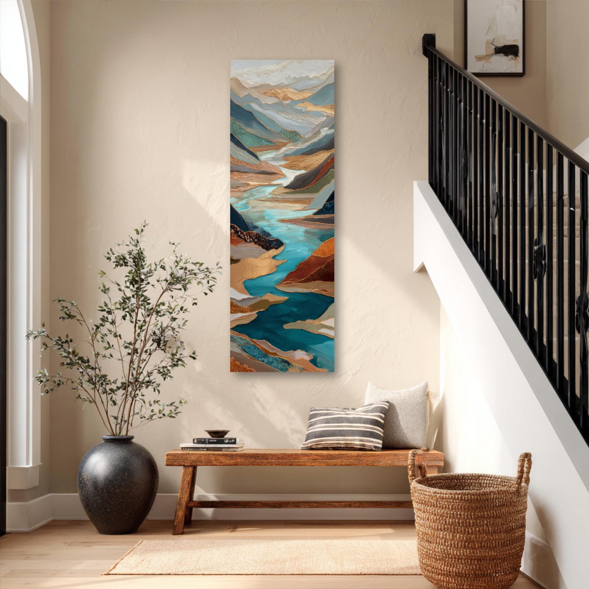 River Valley Abstract Framed Wall Art, Blue Gray Rust Copper, Oversized Large Nature Artwork Vertical Panoramic, Long Tall Mountains