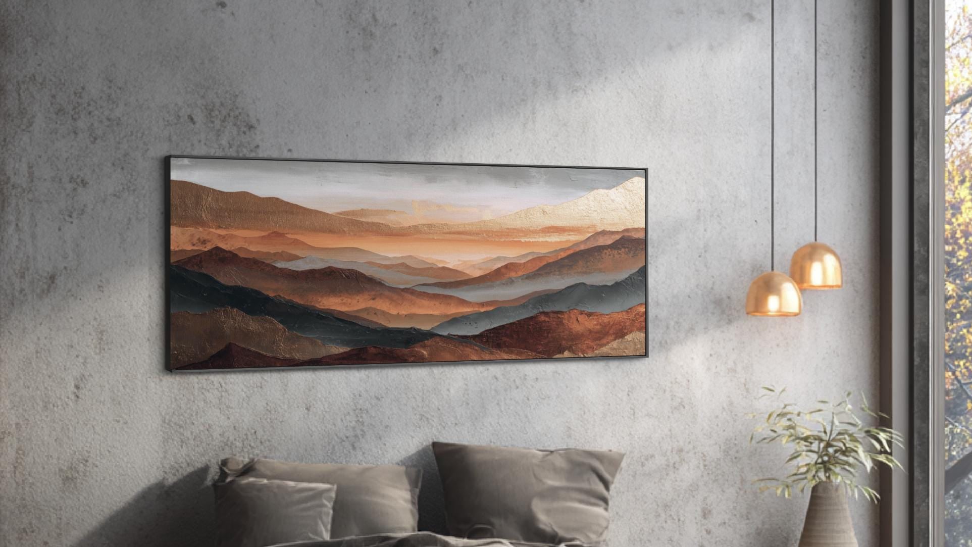Rust Copper Gray Abstract Framed Art, Landscape Fog Over Orange Mountains, Large Panoramic Artwork