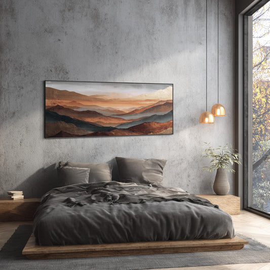 Rust Copper Gray Abstract Framed Art, Landscape Fog Over Orange Mountains, Large Panoramic Artwork