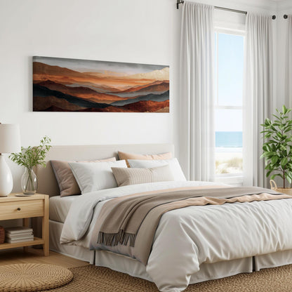 Rust Copper Gray Abstract Framed Art, Landscape Fog Over Orange Mountains, Large Panoramic Artwork
