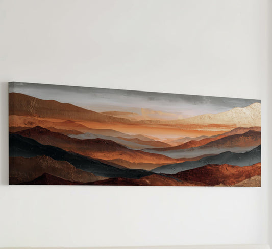 Rust Copper Gray Abstract Framed Art, Landscape Fog Over Orange Mountains, Large Panoramic Artwork
