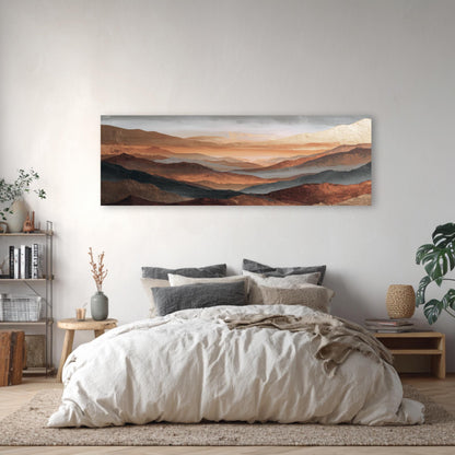 Rust Copper Gray Abstract Framed Art, Landscape Fog Over Orange Mountains, Large Panoramic Artwork