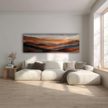 Rust Copper Gray Abstract Framed Art, Landscape Fog Over Orange Mountains, Large Panoramic Artwork