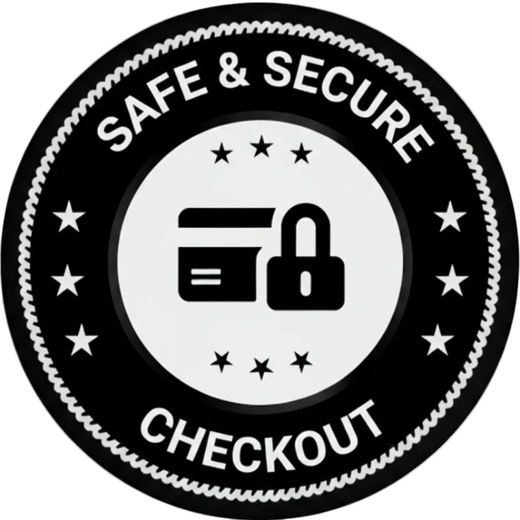 Black and white 'Safe & Secure Checkout' icon with a card and lock symbol on a transparent background