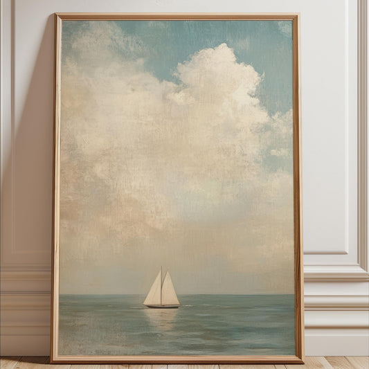 Sailboat Art Framed Canvas,  Coastal Neutral Nautical Decor, Ocean Vintage Seascape Vertical Painting for Living Room, Bedroom, Beach House