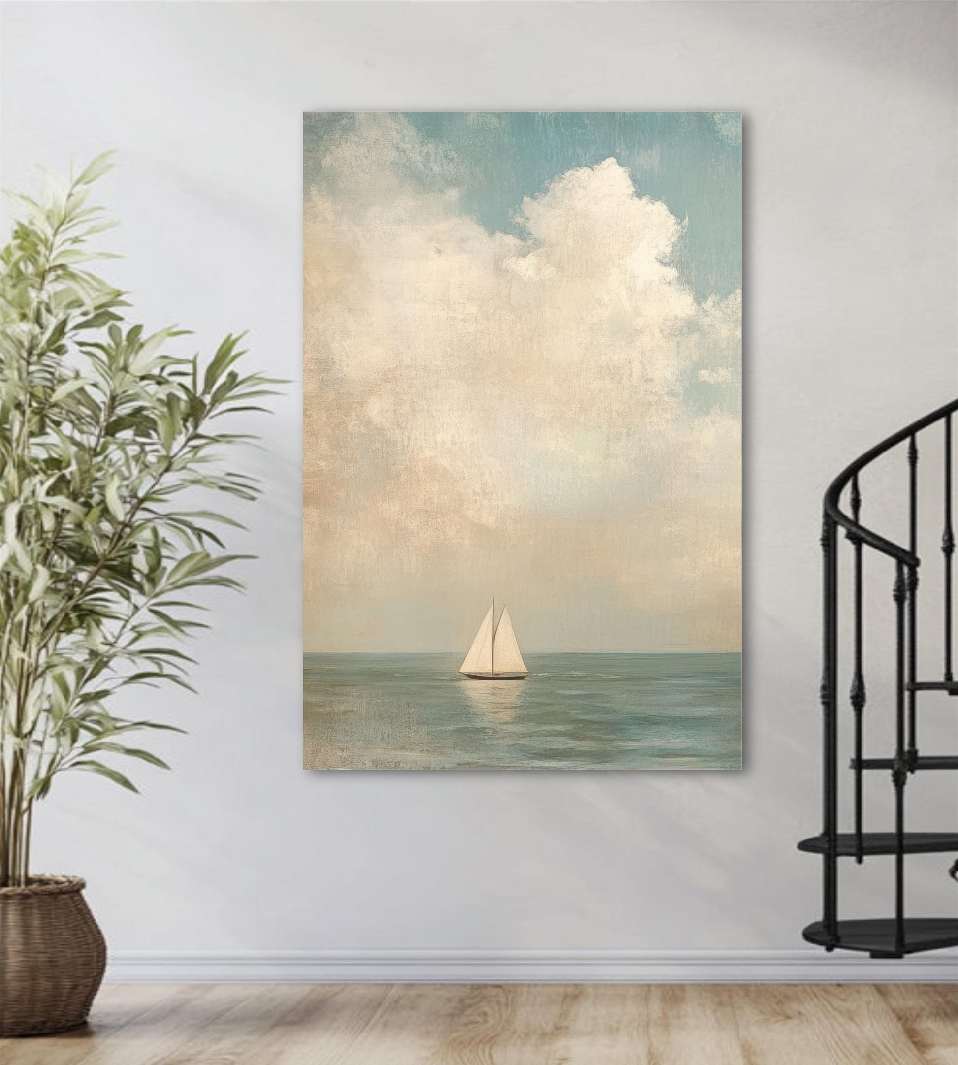 Sailboat Art Framed Canvas,  Coastal Neutral Nautical Decor, Ocean Vintage Seascape Vertical Painting for Living Room, Bedroom, Beach House