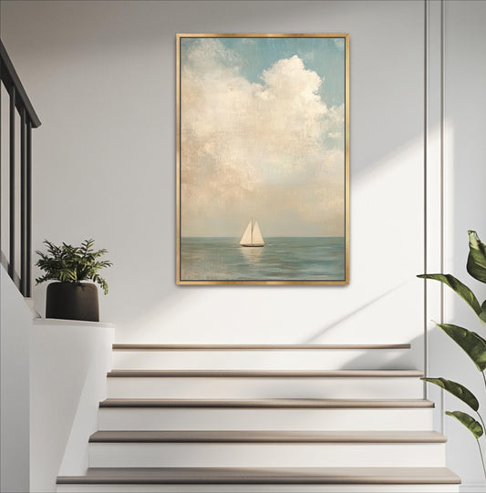 Sailboat Art Framed Canvas,  Coastal Neutral Nautical Decor, Ocean Vintage Seascape Vertical Painting for Living Room, Bedroom, Beach House