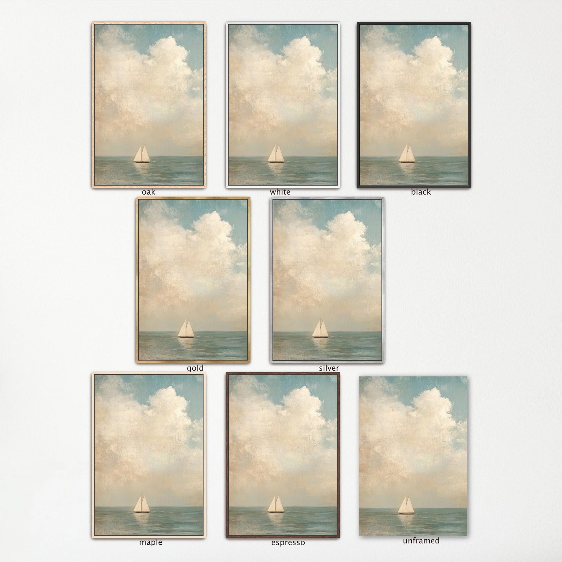 Sailboat Art Framed Canvas,  Coastal Neutral Nautical Decor, Ocean Vintage Seascape Vertical Painting for Living Room, Bedroom, Beach House