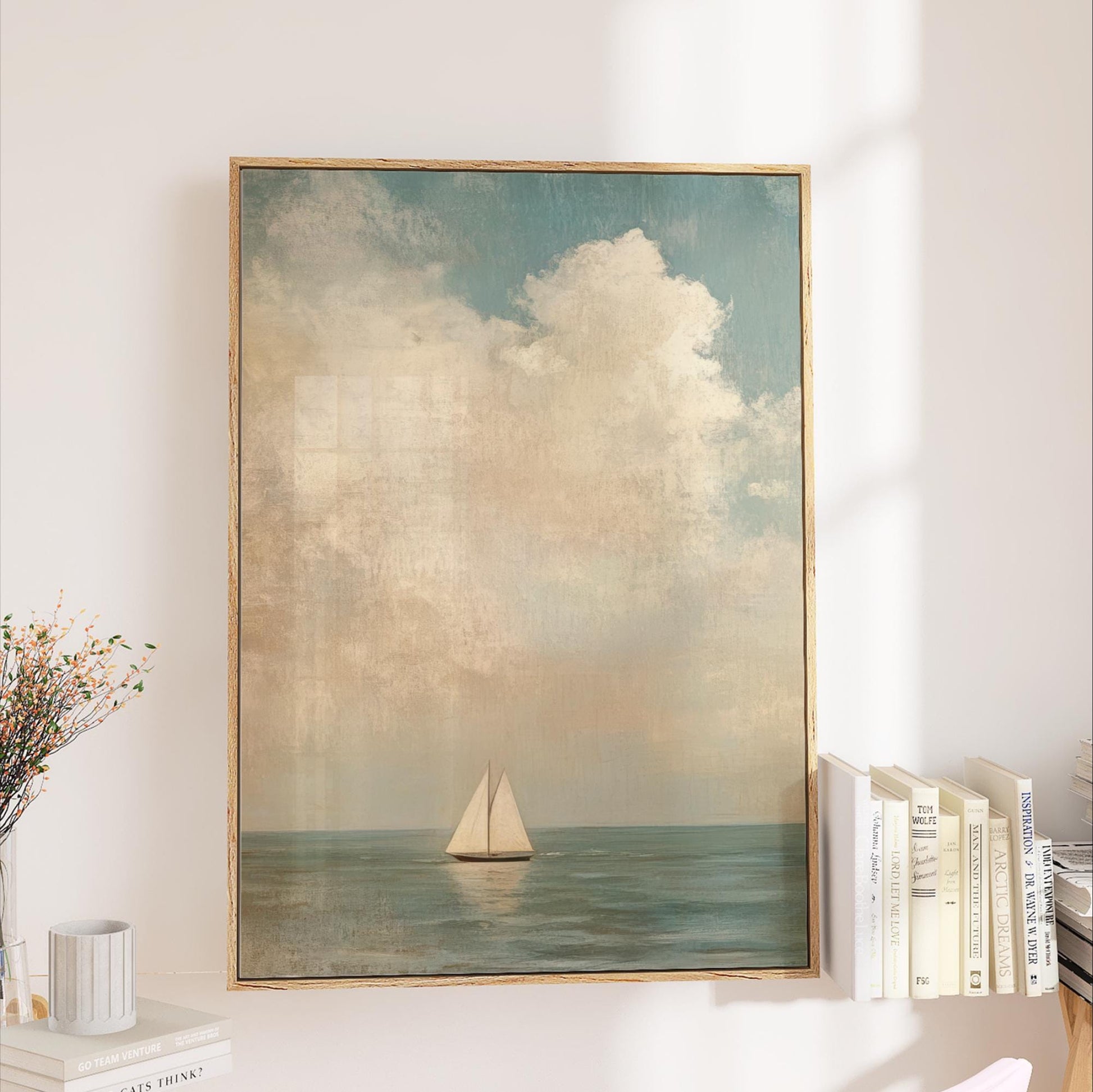 Sailboat Art Framed Canvas,  Coastal Neutral Nautical Decor, Ocean Vintage Seascape Vertical Painting for Living Room, Bedroom, Beach House