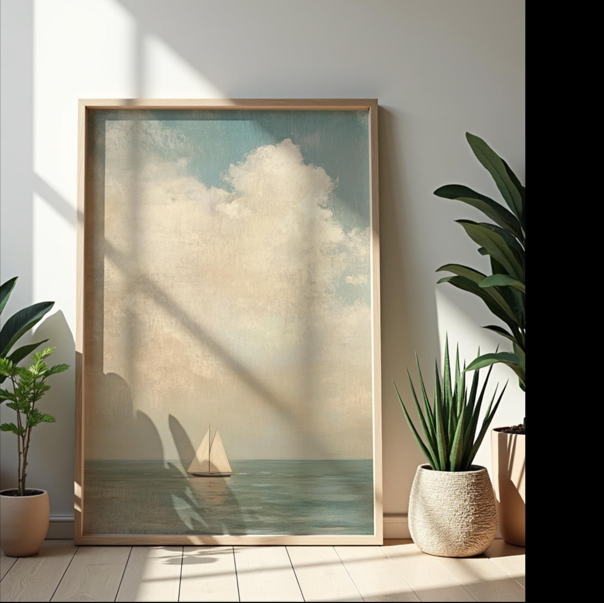 Sailboat Art Framed Canvas,  Coastal Neutral Nautical Decor, Ocean Vintage Seascape Vertical Painting for Living Room, Bedroom, Beach House