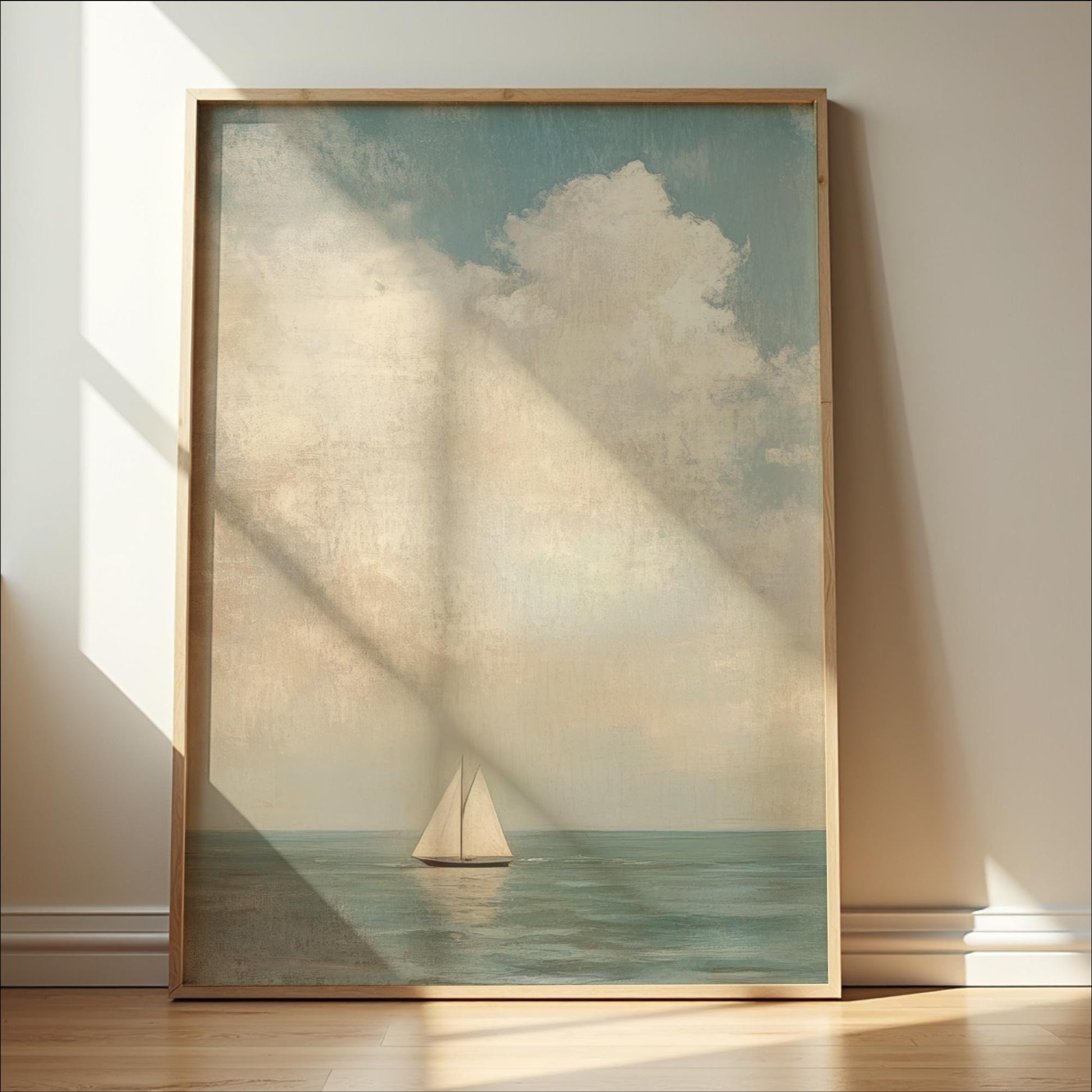 Sailboat Art Framed Canvas,  Coastal Neutral Nautical Decor, Ocean Vintage Seascape Vertical Painting for Living Room, Bedroom, Beach House