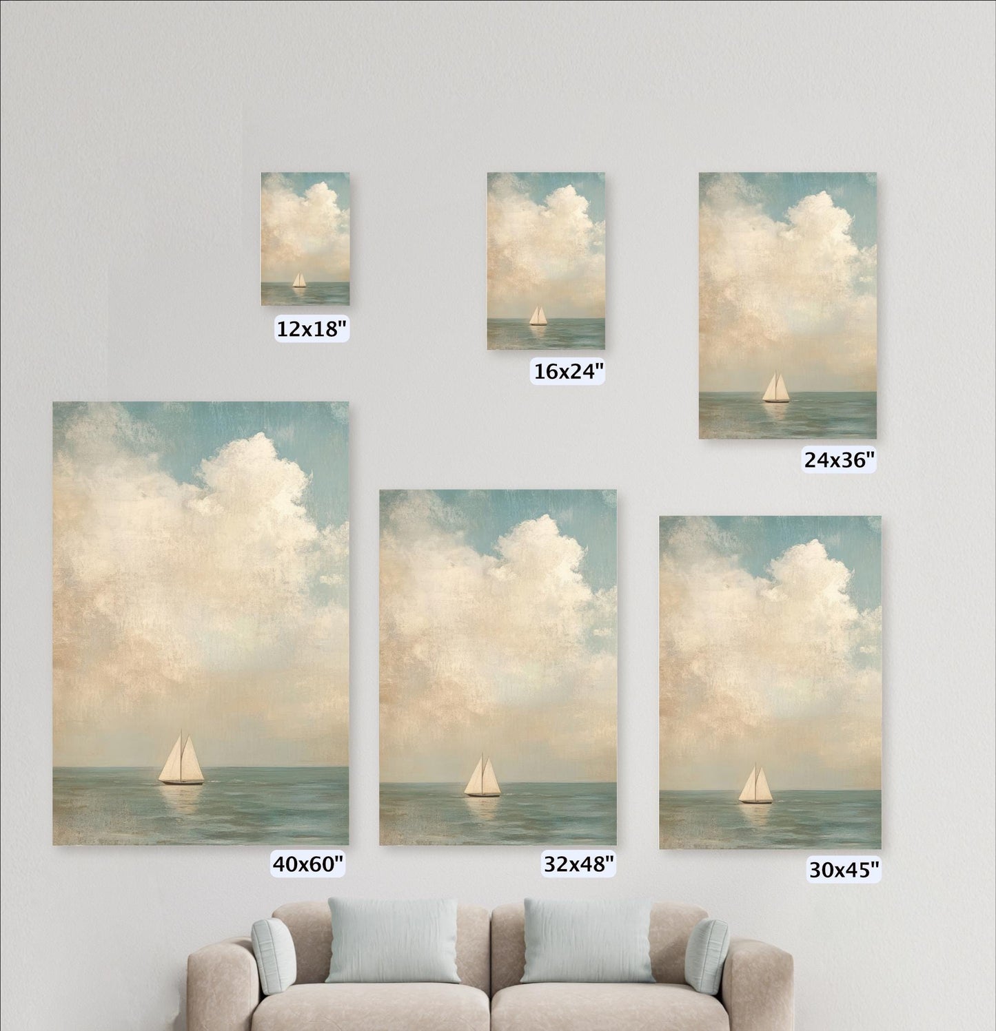 Sailboat Art Framed Canvas,  Coastal Neutral Nautical Decor, Ocean Vintage Seascape Vertical Painting for Living Room, Bedroom, Beach House