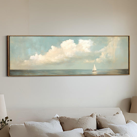 Sailboat Art Vintage Neutral Colors Horizontal Framed Coastal Artwork, Nautical Decor, Ocean Seascape Painting Living Room Beach House