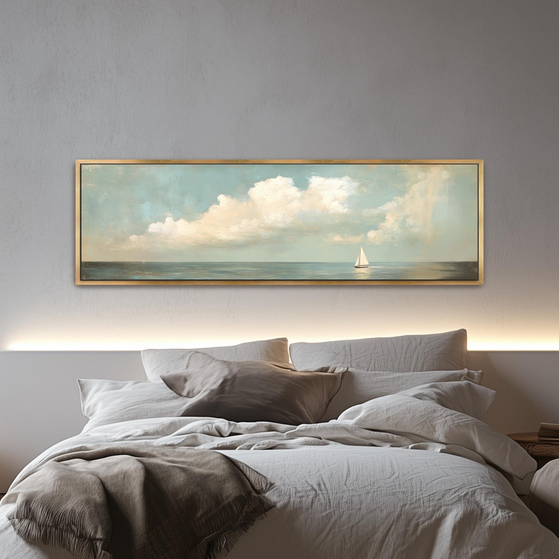 Sailboat Art Vintage Neutral Colors Horizontal Framed Coastal Artwork, Nautical Decor, Ocean Seascape Painting Living Room Beach House