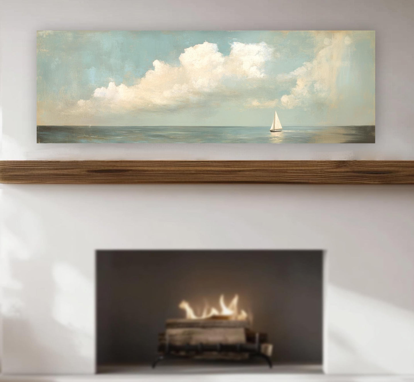Sailboat Art Vintage Neutral Colors Horizontal Framed Coastal Artwork, Nautical Decor, Ocean Seascape Painting Living Room Beach House