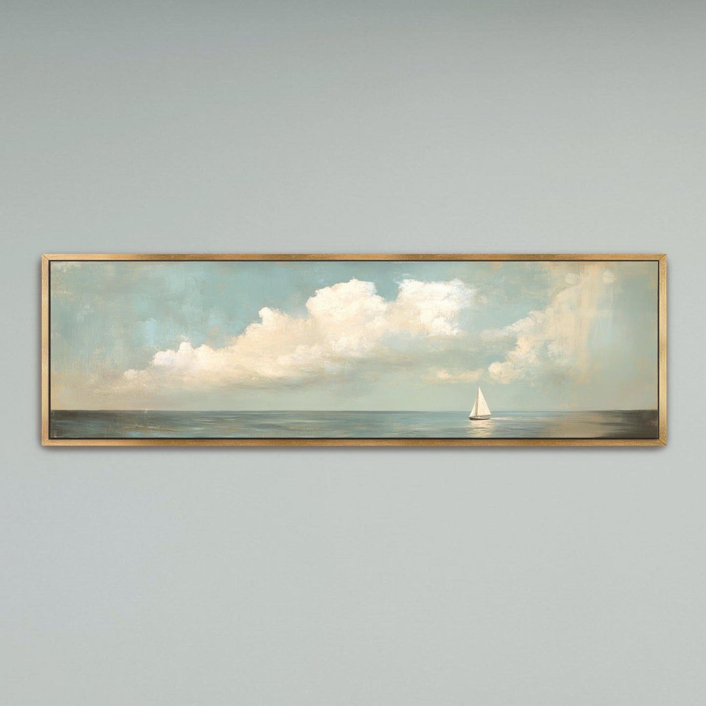 Sailboat Art Vintage Neutral Colors Horizontal Framed Coastal Artwork, Nautical Decor, Ocean Seascape Painting Living Room Beach House