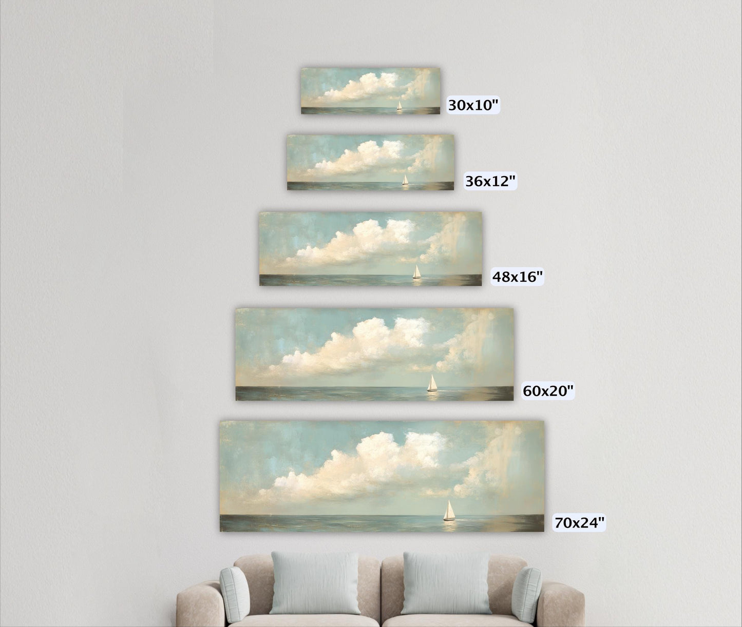 Sailboat Art Vintage Neutral Colors Horizontal Framed Coastal Artwork, Nautical Decor, Ocean Seascape Painting Living Room Beach House