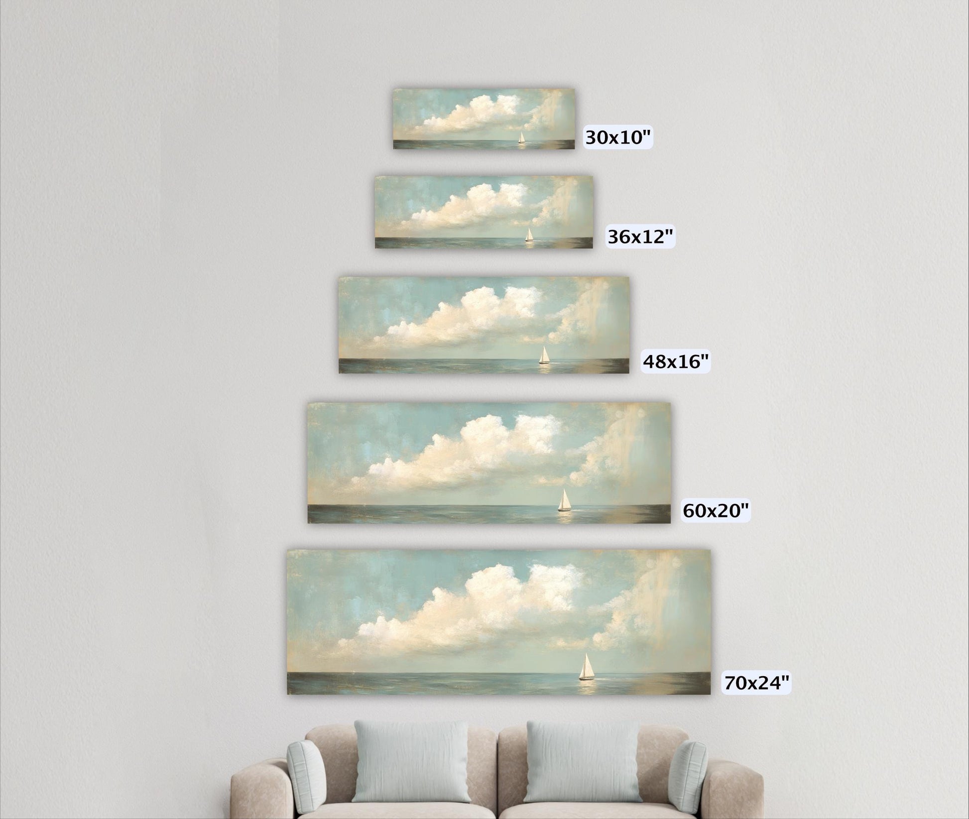 Sailboat Art Vintage Neutral Colors Horizontal Framed Coastal Artwork, Nautical Decor, Ocean Seascape Painting Living Room Beach House