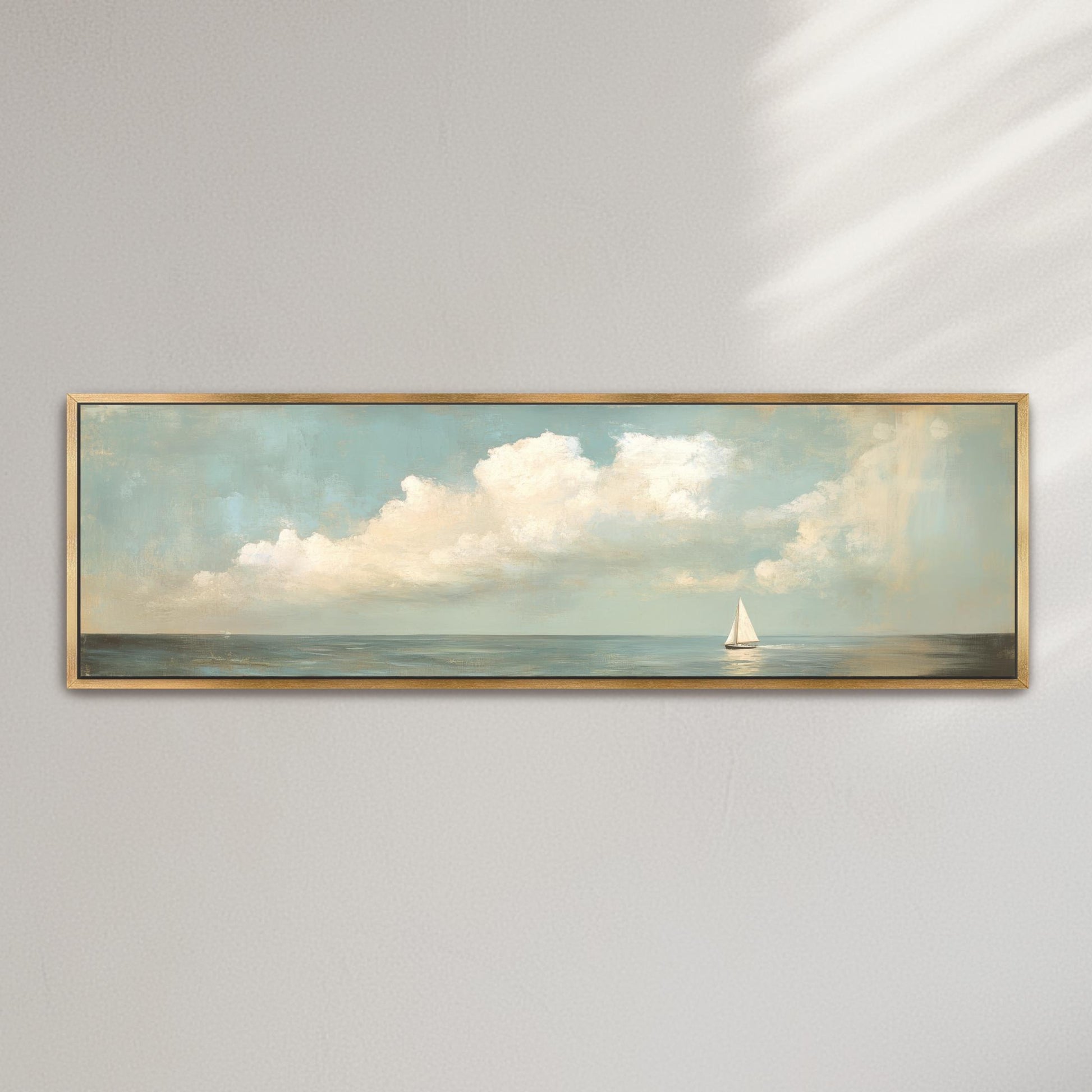 Sailboat Art Vintage Neutral Colors Horizontal Framed Coastal Artwork, Nautical Decor, Ocean Seascape Painting Living Room Beach House