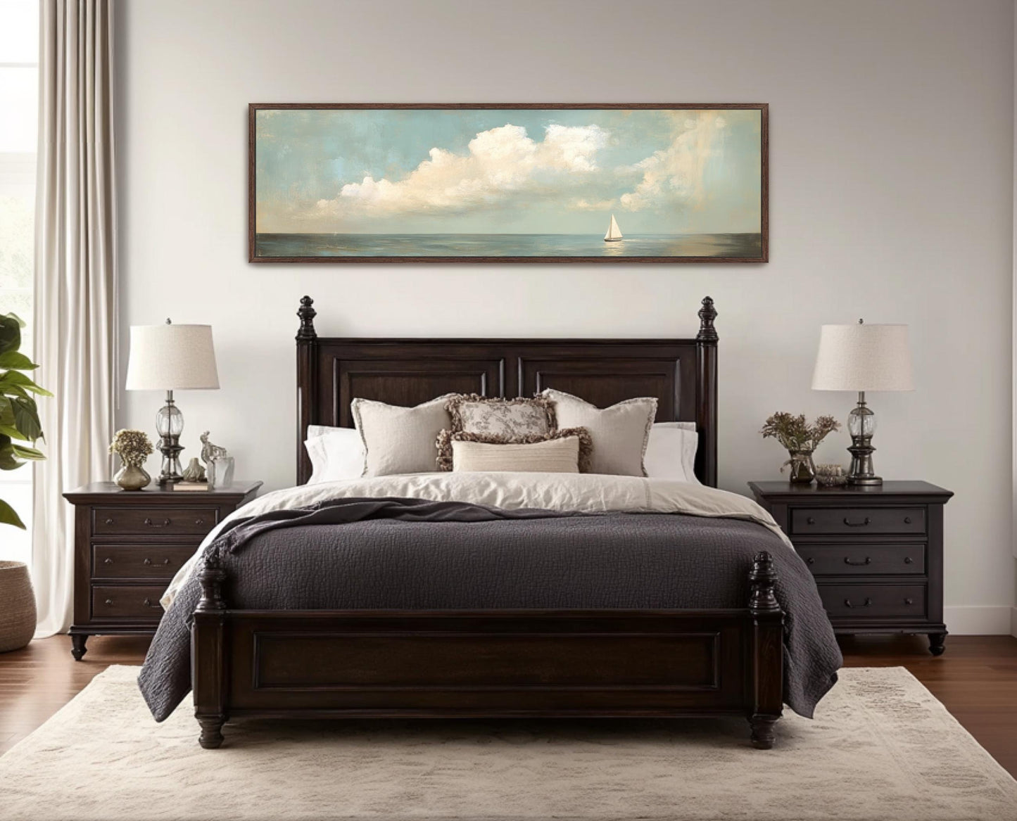 Sailboat Art Vintage Neutral Colors Horizontal Framed Coastal Artwork, Nautical Decor, Ocean Seascape Painting Living Room Beach House