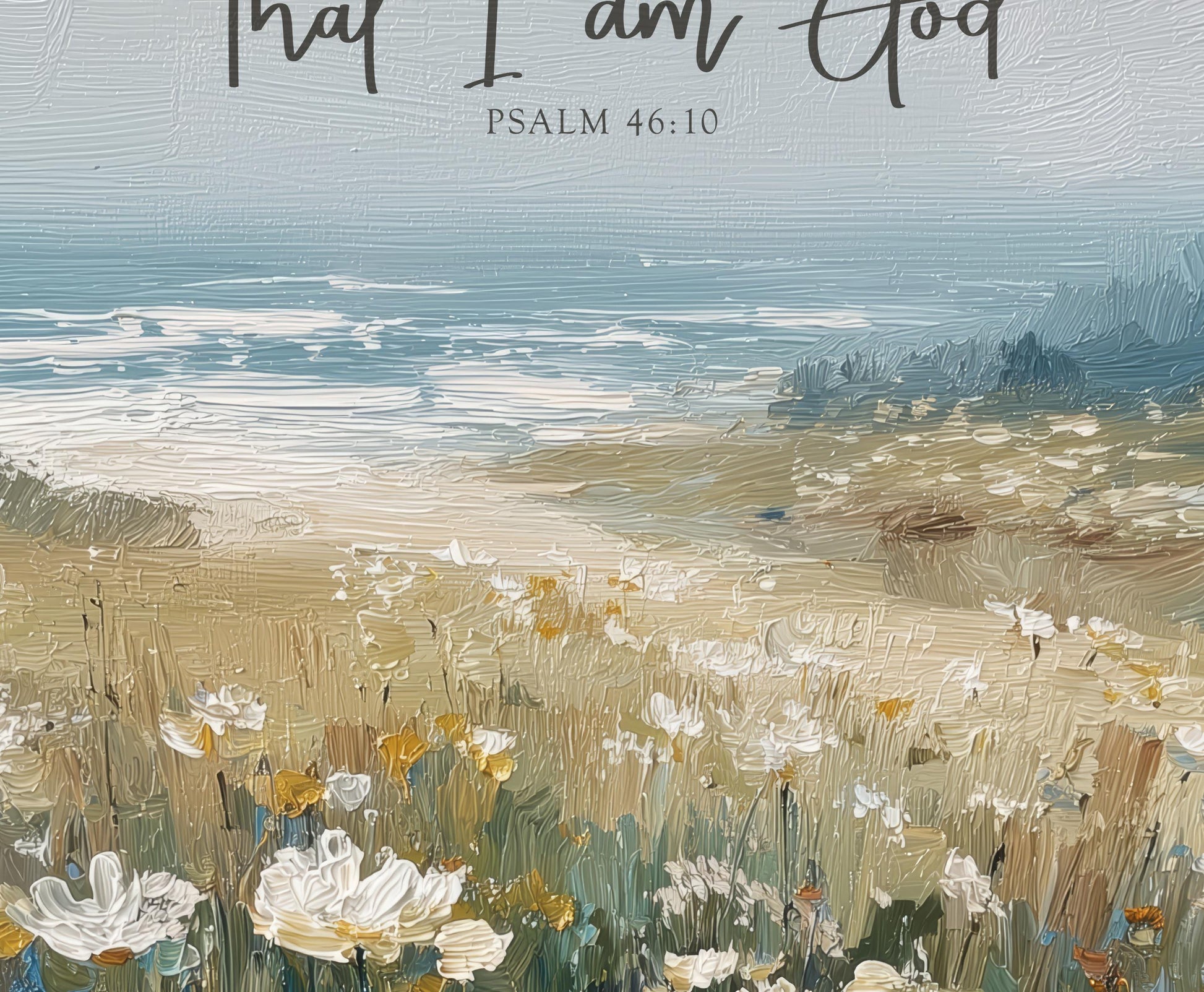 Scripture Art Be Still and Know that I am God, Coastal Landscape Wildflowers Framed Art Digital Painting Psalm 46:10 Canvas Print Shipped