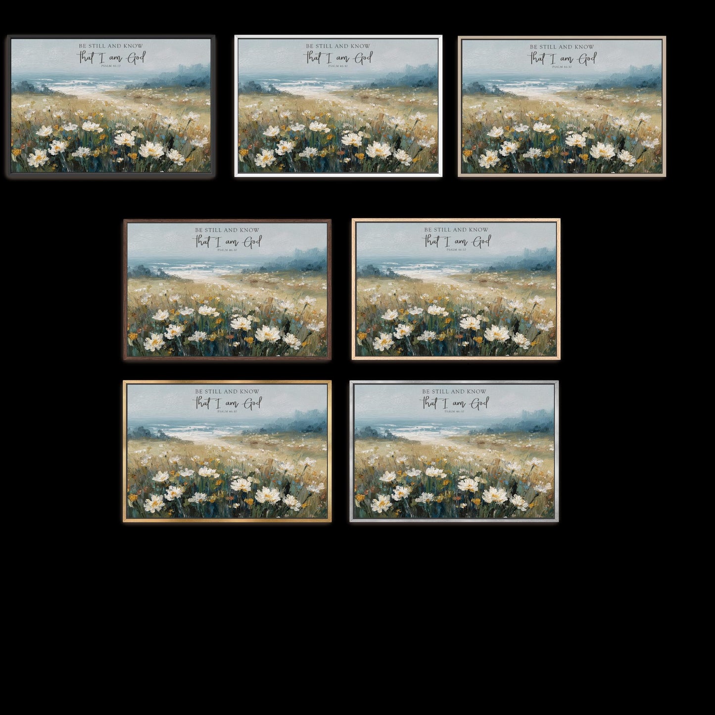 Scripture Art Be Still and Know that I am God, Coastal Landscape Wildflowers Framed Art Digital Painting Psalm 46:10 Canvas Print Shipped