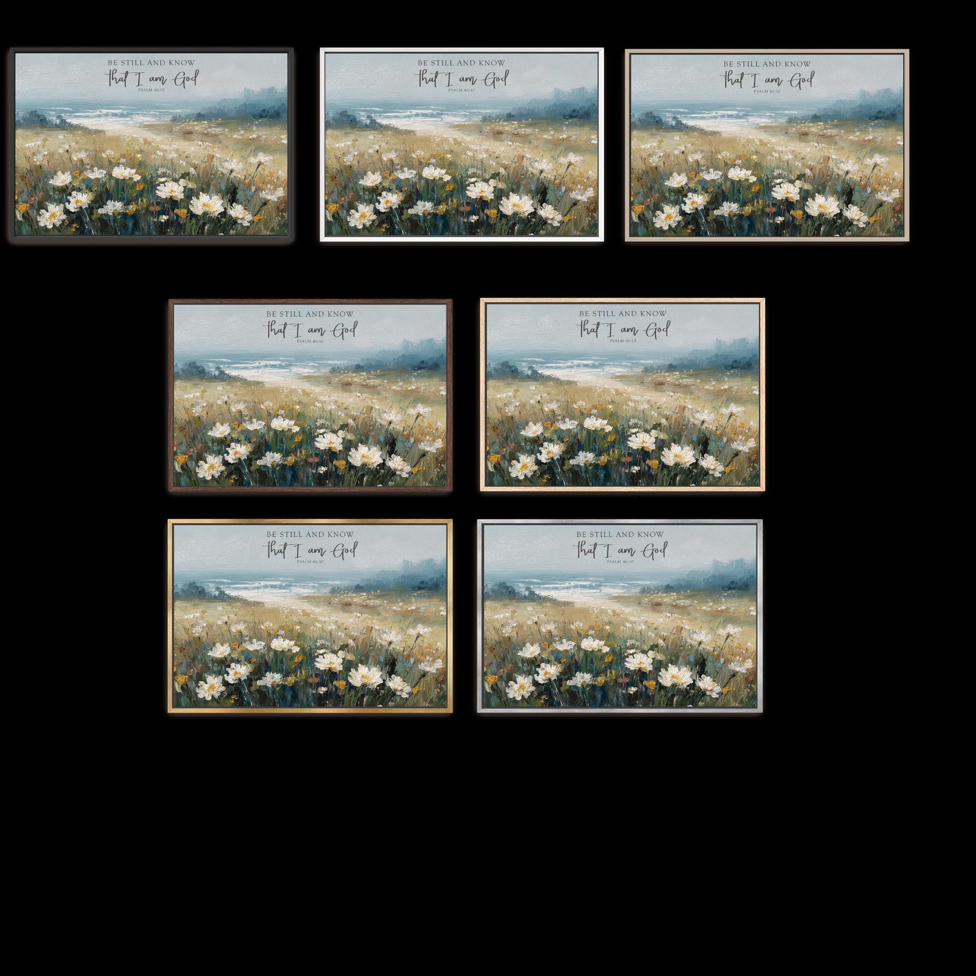 Scripture Art Be Still and Know that I am God, Coastal Landscape Wildflowers Framed Art Digital Painting Psalm 46:10 Canvas Print Shipped