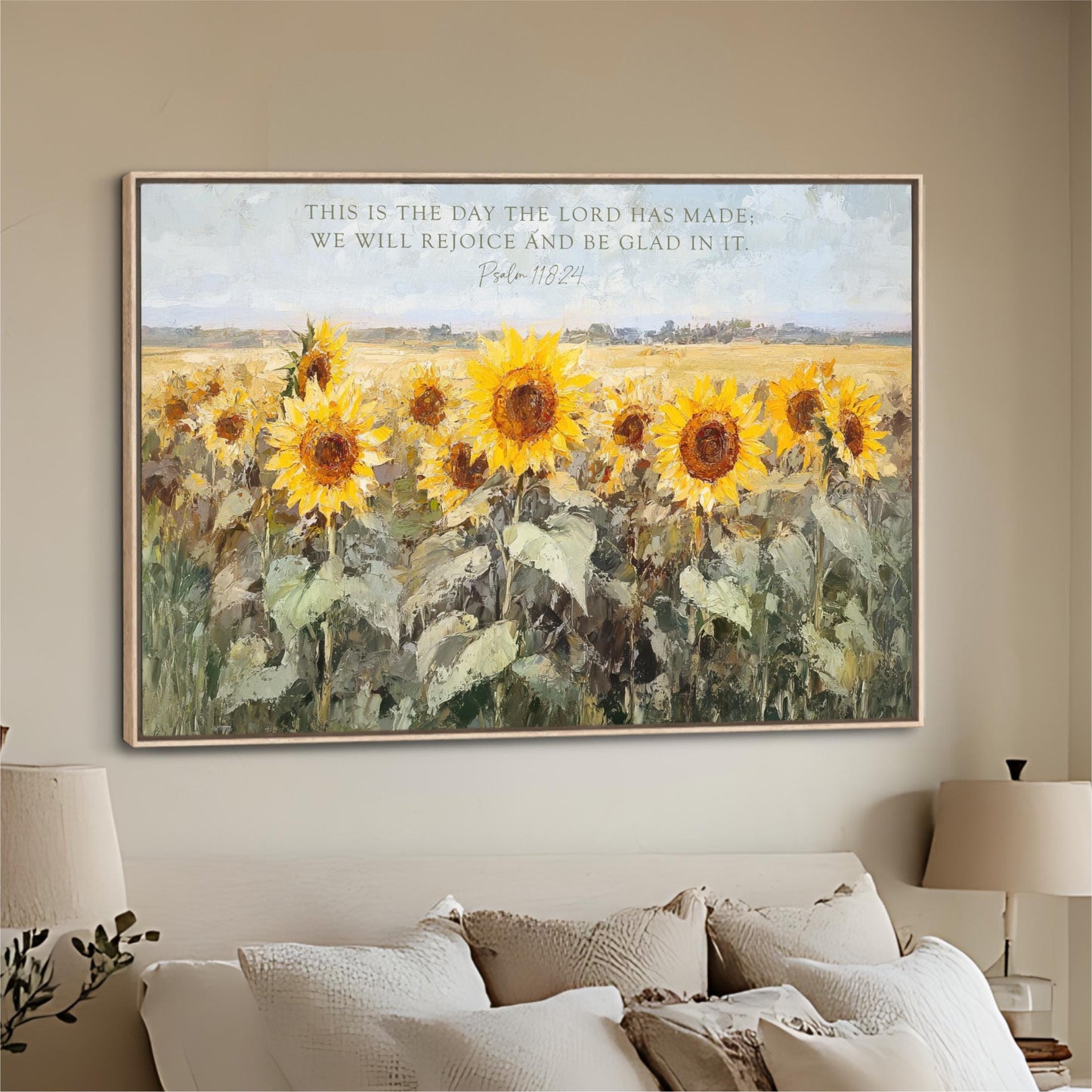 Scripture Art, Landscape Field SunFlowers Framed Painting Canvas Print, Floral This is the Day The Lord Has Made, Psalm 118 24 Bible Verse