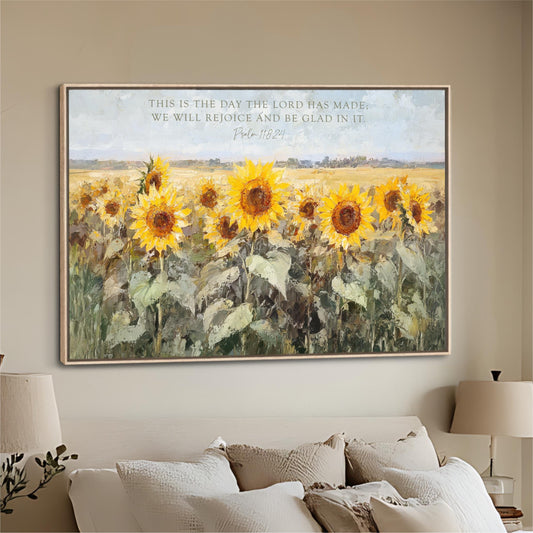 Scripture Art, Landscape Field SunFlowers Framed Painting Canvas Print, Floral This is the Day The Lord Has Made, Psalm 118 24 Bible Verse