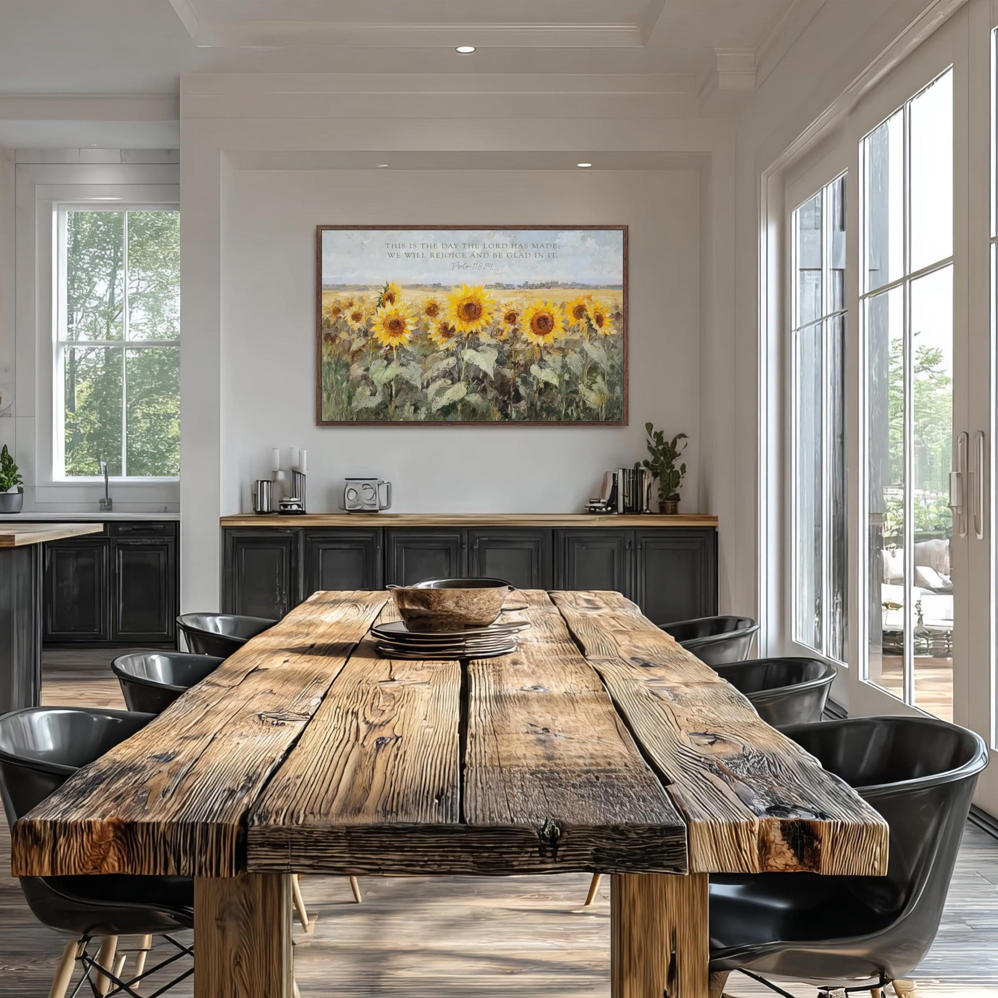 Scripture Art, Landscape Field SunFlowers Framed Painting Canvas Print, Floral This is the Day The Lord Has Made, Psalm 118 24 Bible Verse