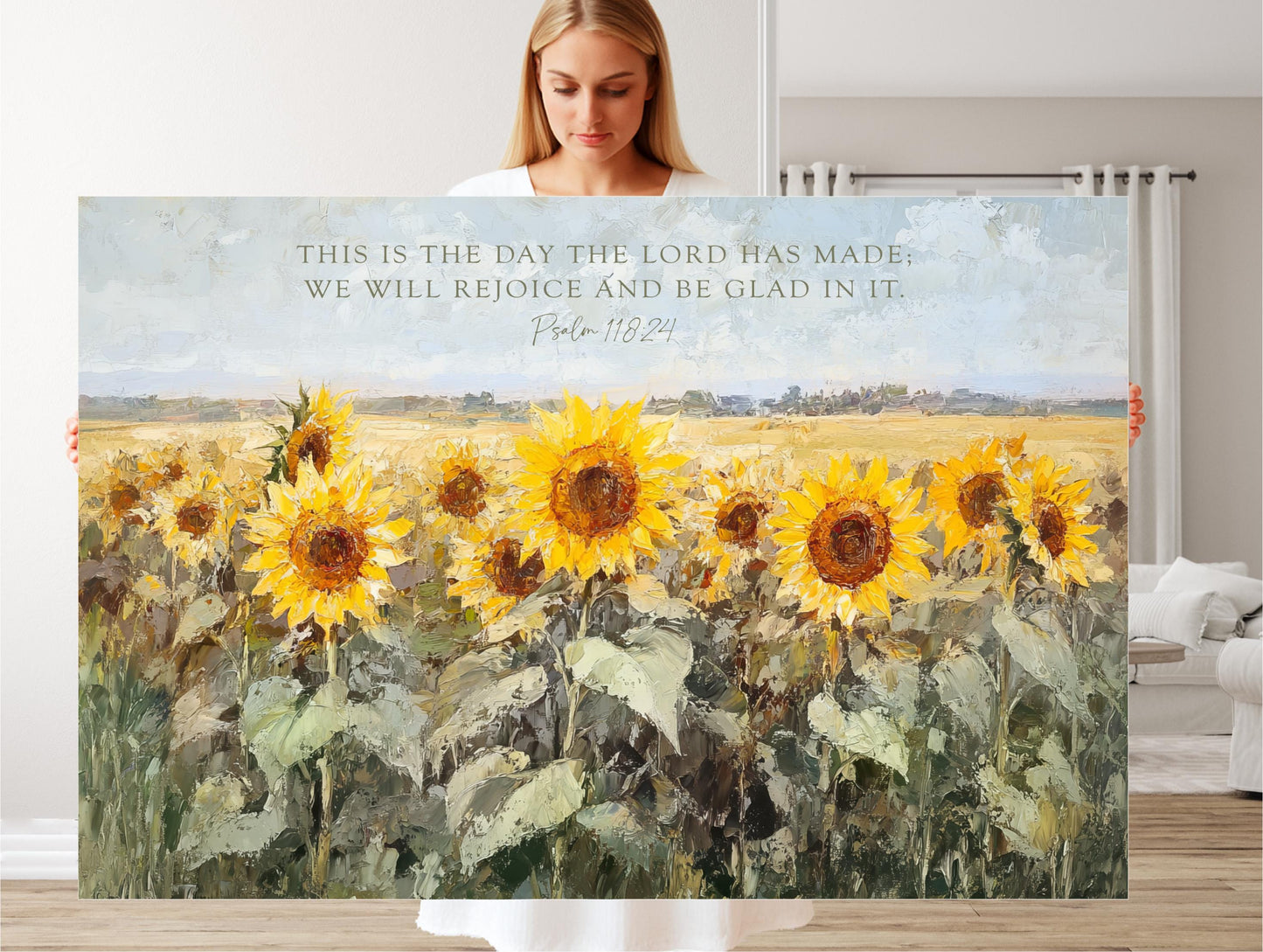Scripture Art, Landscape Field SunFlowers Framed Painting Canvas Print, Floral This is the Day The Lord Has Made, Psalm 118 24 Bible Verse