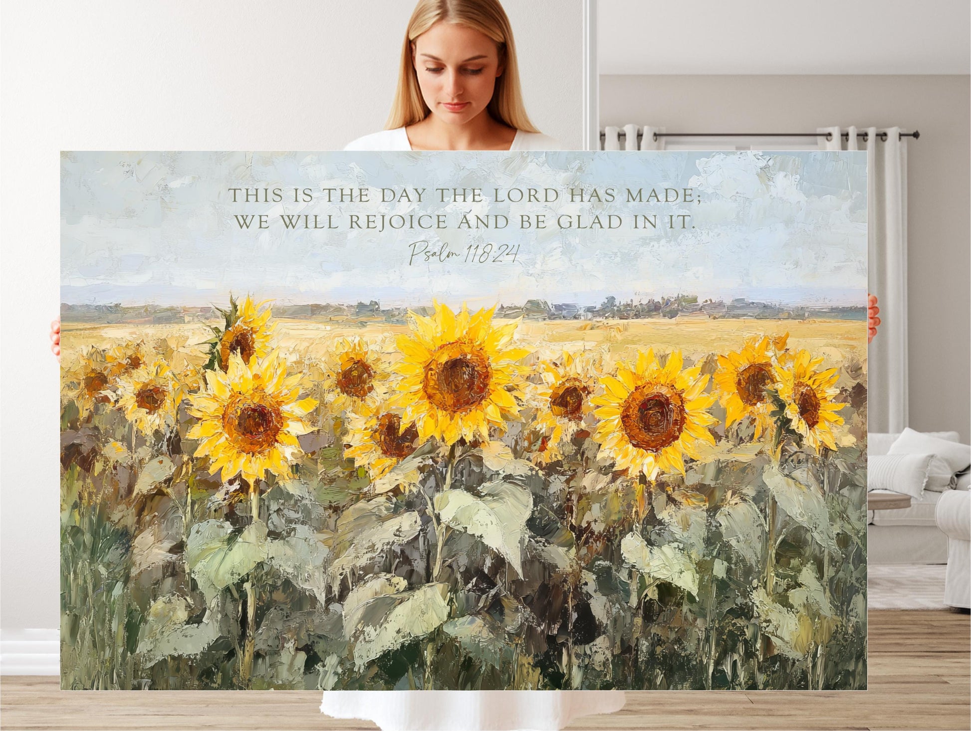 Scripture Art, Landscape Field SunFlowers Framed Painting Canvas Print, Floral This is the Day The Lord Has Made, Psalm 118 24 Bible Verse