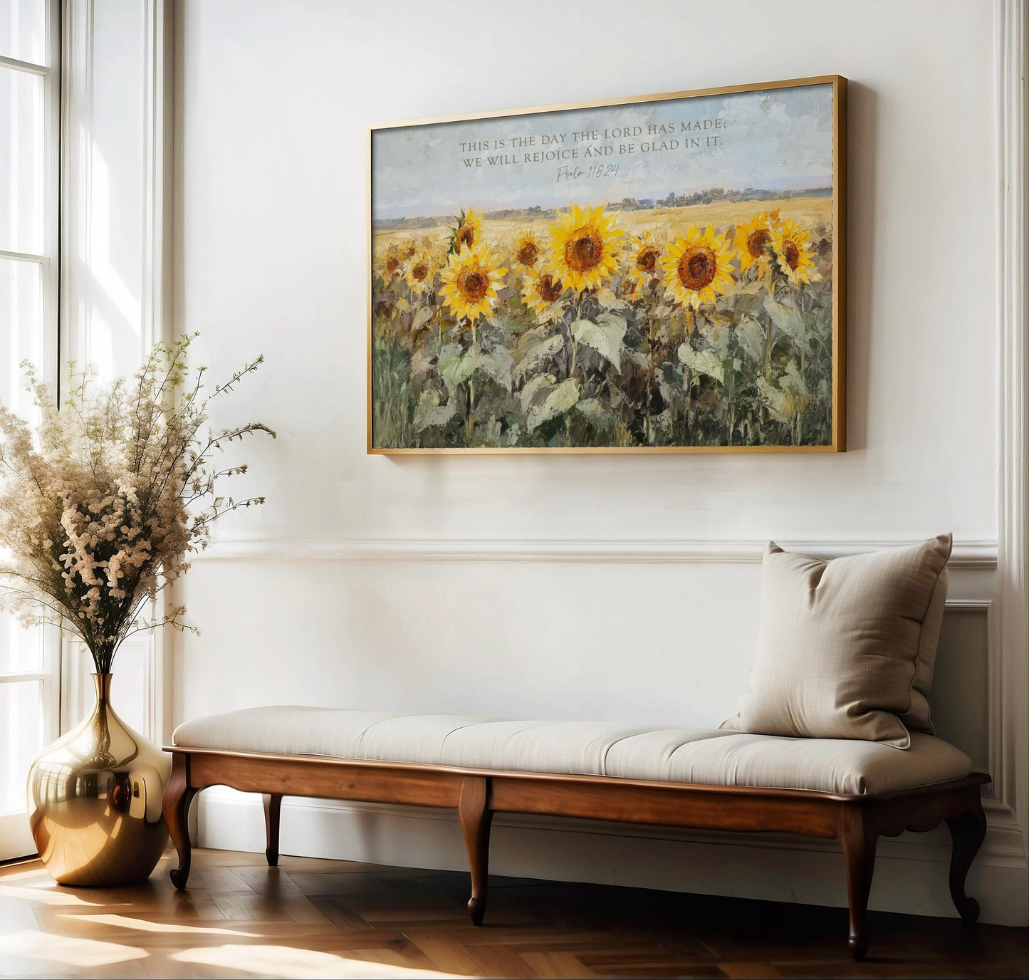 Scripture Art, Landscape Field SunFlowers Framed Painting Canvas Print, Floral This is the Day The Lord Has Made, Psalm 118 24 Bible Verse