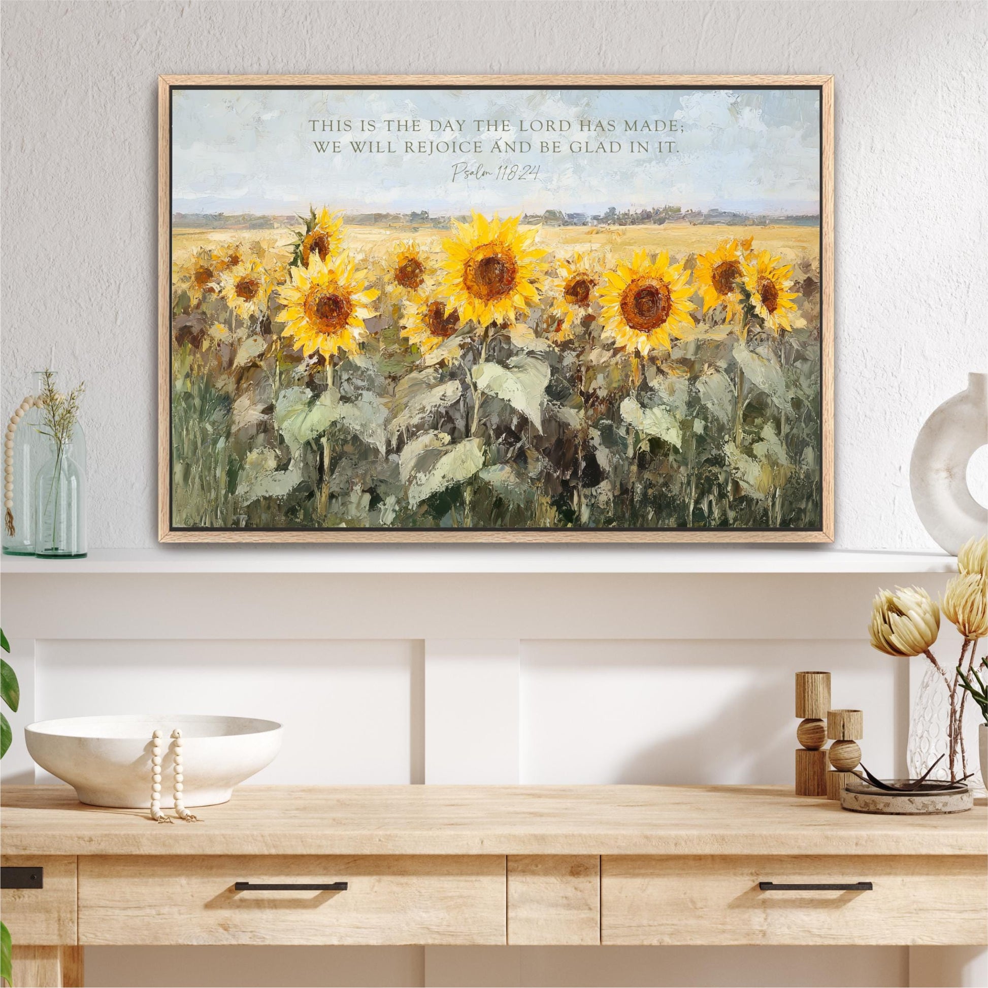 Scripture Art, Landscape Field SunFlowers Framed Painting Canvas Print, Floral This is the Day The Lord Has Made, Psalm 118 24 Bible Verse