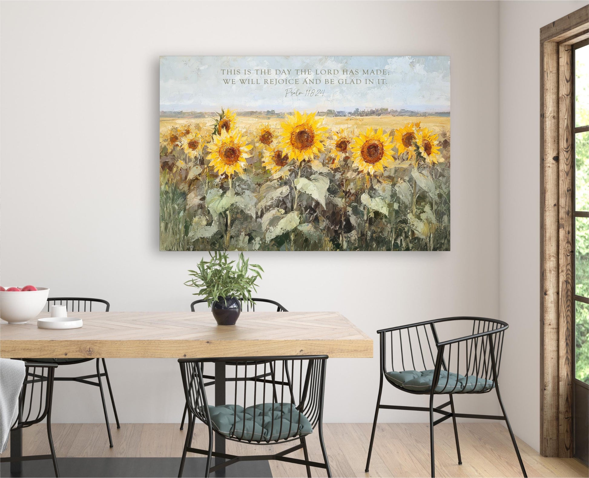 Scripture Art, Landscape Field SunFlowers Framed Painting Canvas Print, Floral This is the Day The Lord Has Made, Psalm 118 24 Bible Verse