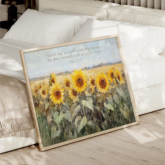 Scripture Art, Landscape Field SunFlowers Framed Painting Canvas Print, Floral This is the Day The Lord Has Made, Psalm 118 24 Bible Verse