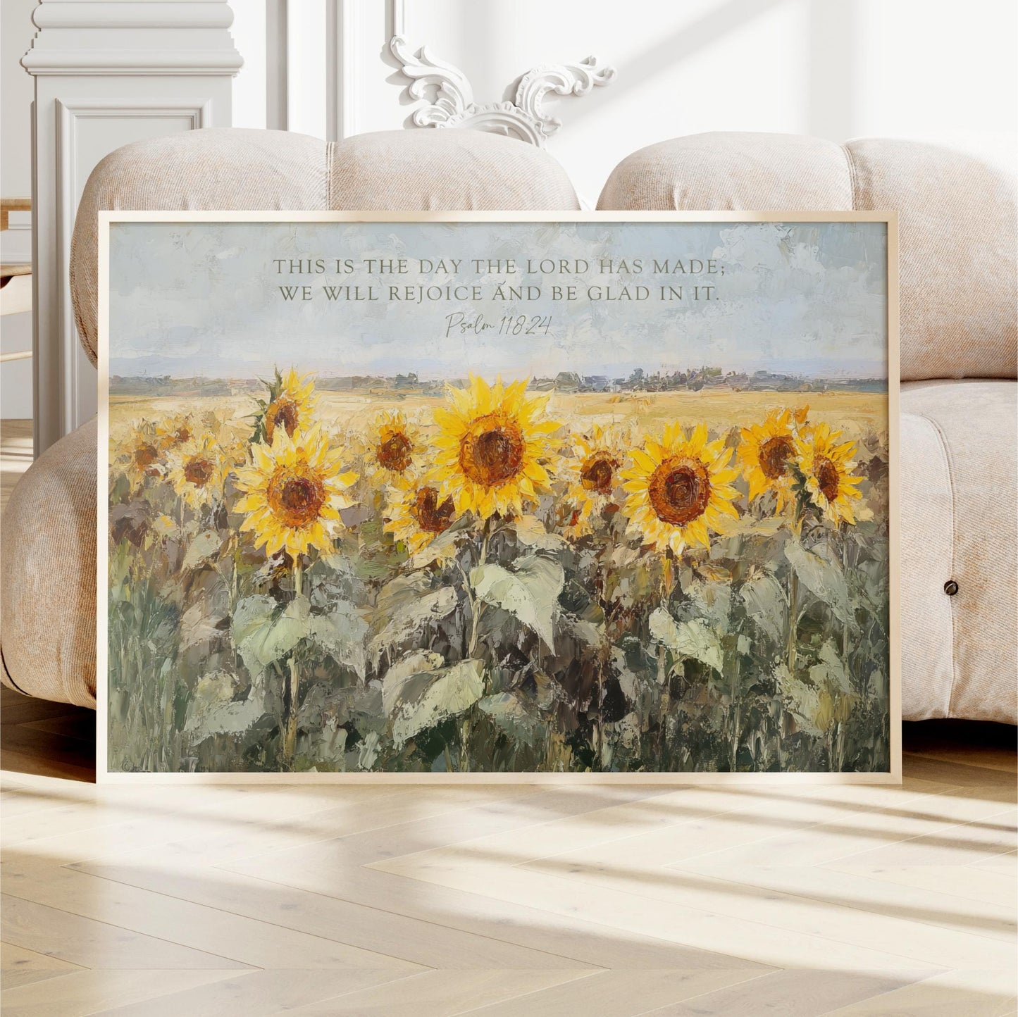Scripture Art, Landscape Field SunFlowers Framed Painting Canvas Print, Floral This is the Day The Lord Has Made, Psalm 118 24 Bible Verse
