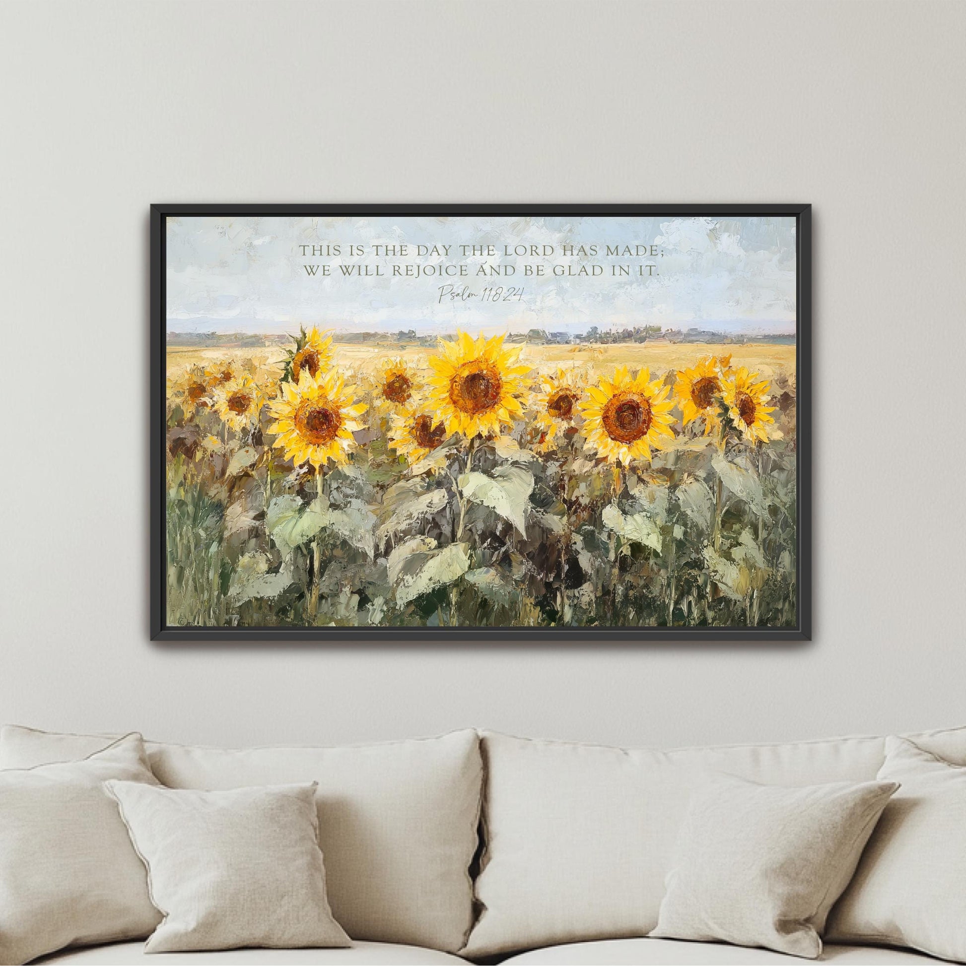 Scripture Art, Landscape Field SunFlowers Framed Painting Canvas Print, Floral This is the Day The Lord Has Made, Psalm 118 24 Bible Verse
