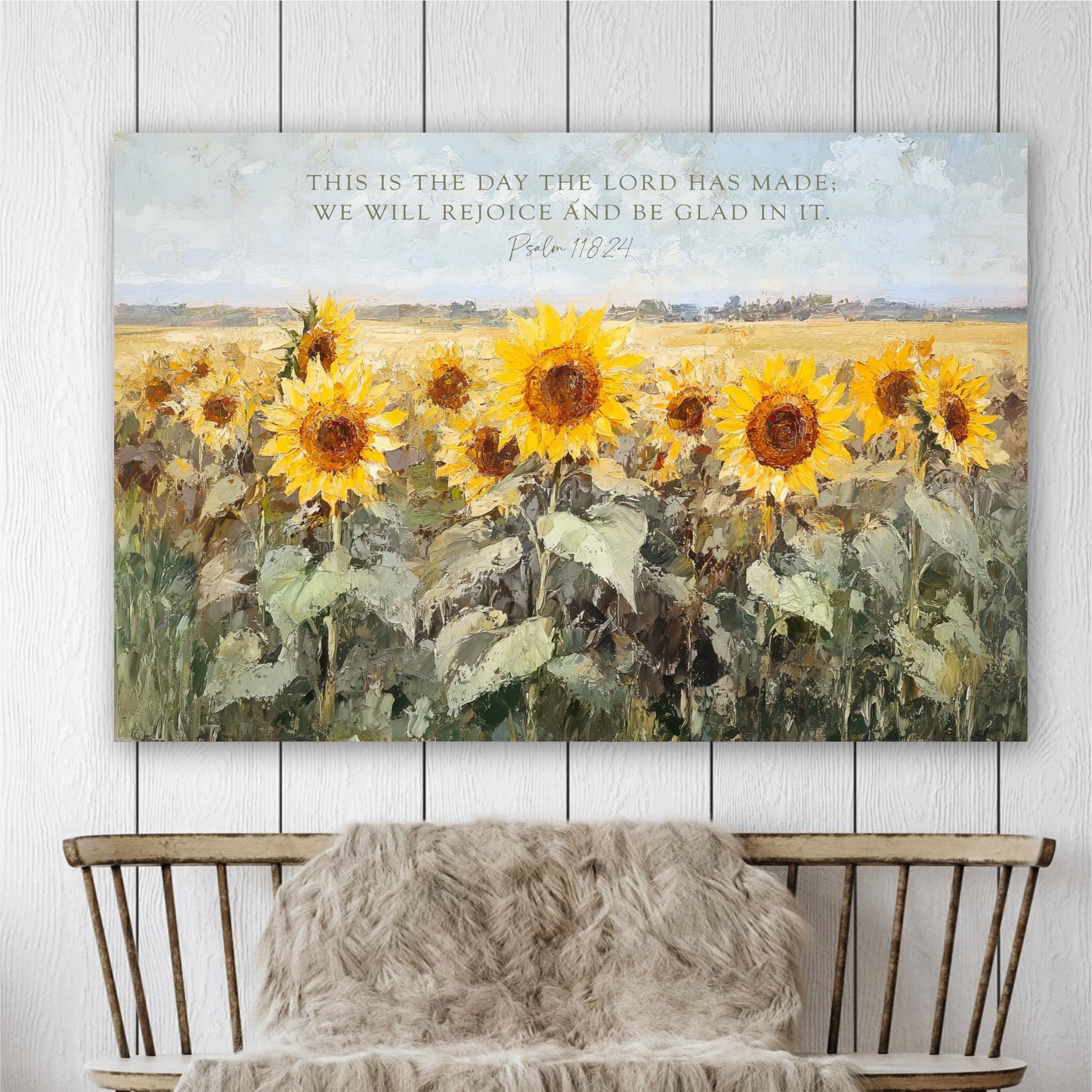 Scripture Art, Landscape Field SunFlowers Framed Painting Canvas Print, Floral This is the Day The Lord Has Made, Psalm 118 24 Bible Verse