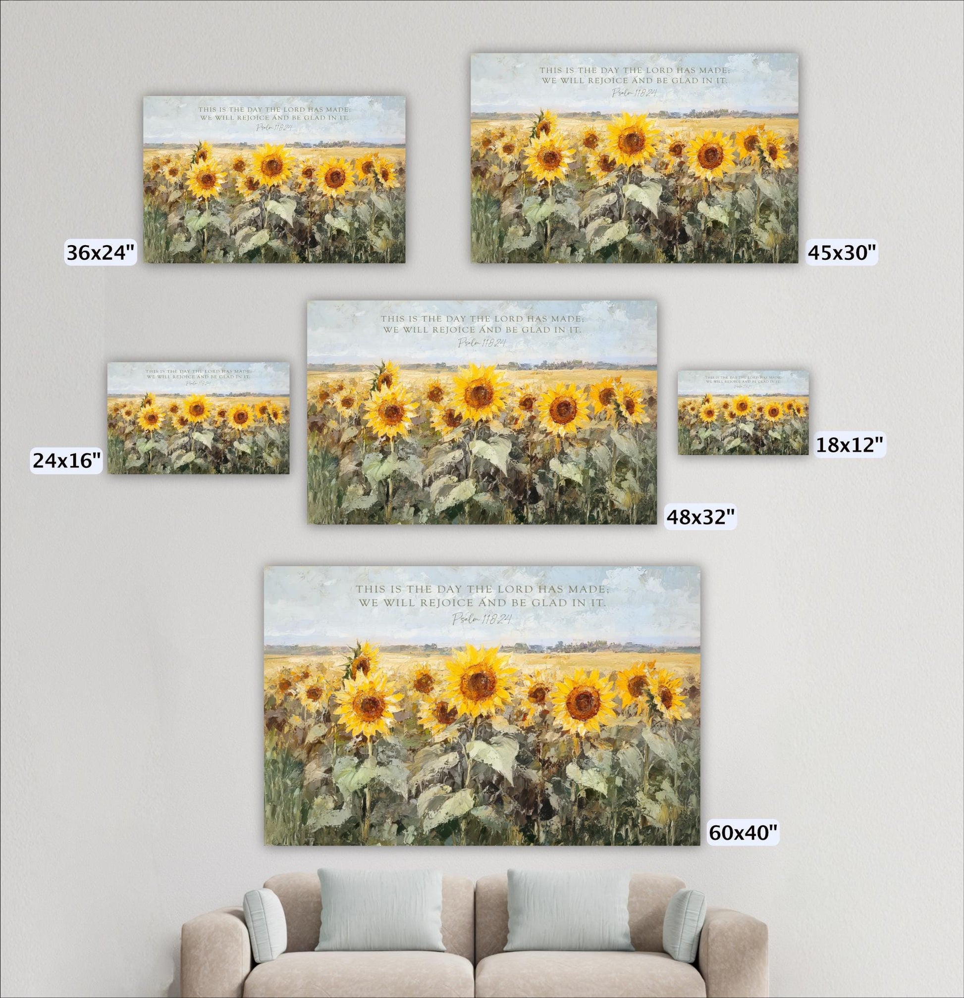 Scripture Art, Landscape Field SunFlowers Framed Painting Canvas Print, Floral This is the Day The Lord Has Made, Psalm 118 24 Bible Verse