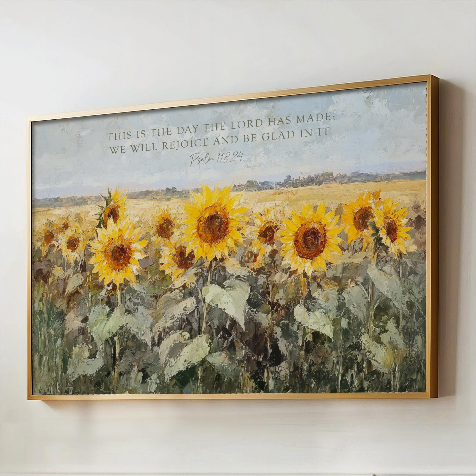 Scripture Art, Landscape Field SunFlowers Framed Painting Canvas Print, Floral This is the Day The Lord Has Made, Psalm 118 24 Bible Verse